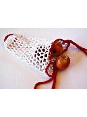 Reusable Handmade Produce Bag or Market Tote, Crocheted with Red and White Yarn